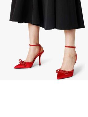 FYS Red Rhinestone Bowknot Slingback Pointed Toe Sandal High Heel Glitter Pump